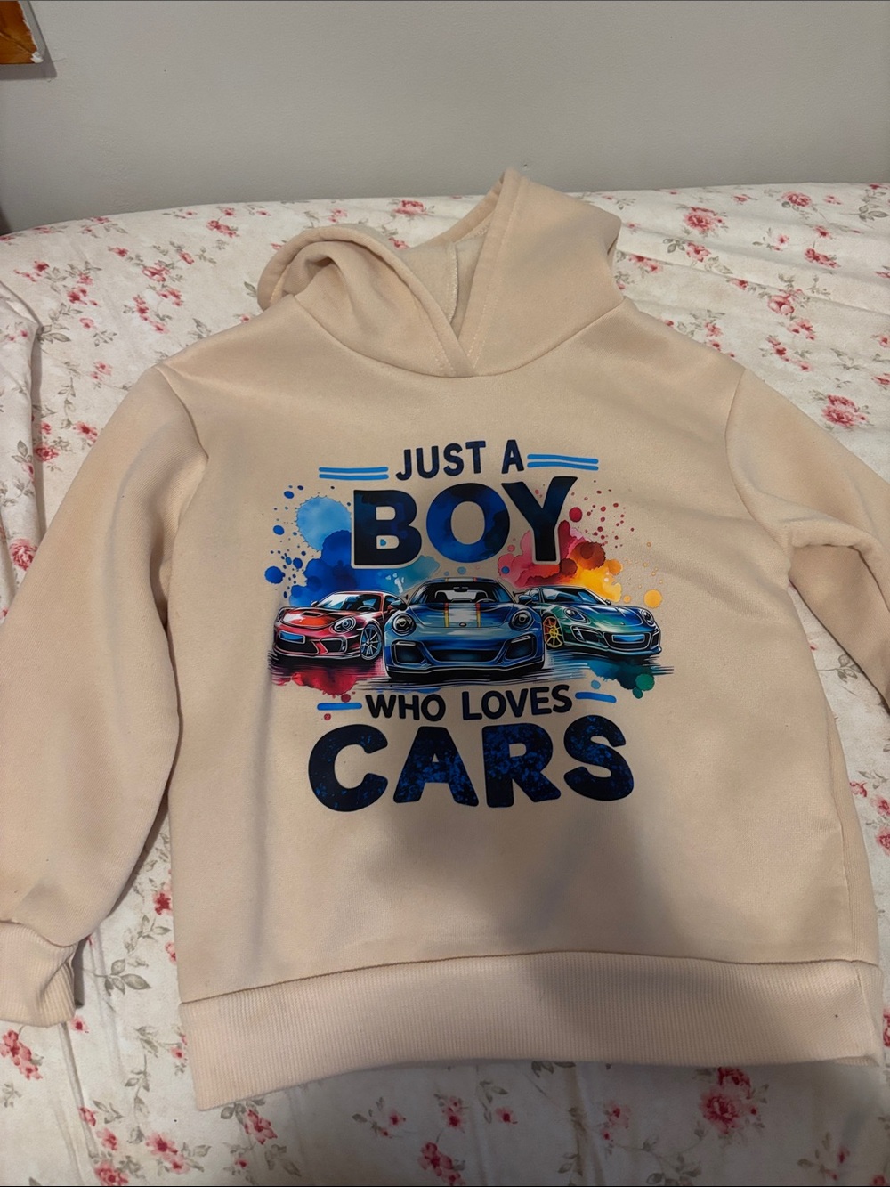 Kids Beige Hoodie "Just A Boy Who Loves Cars"